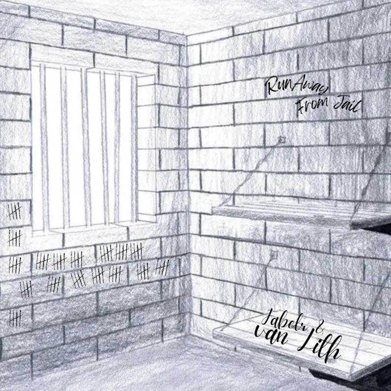 Albumhoes van Run Away From Jail van het duo Faber & van Lith, potloodtekening van een stenen cel met tralies